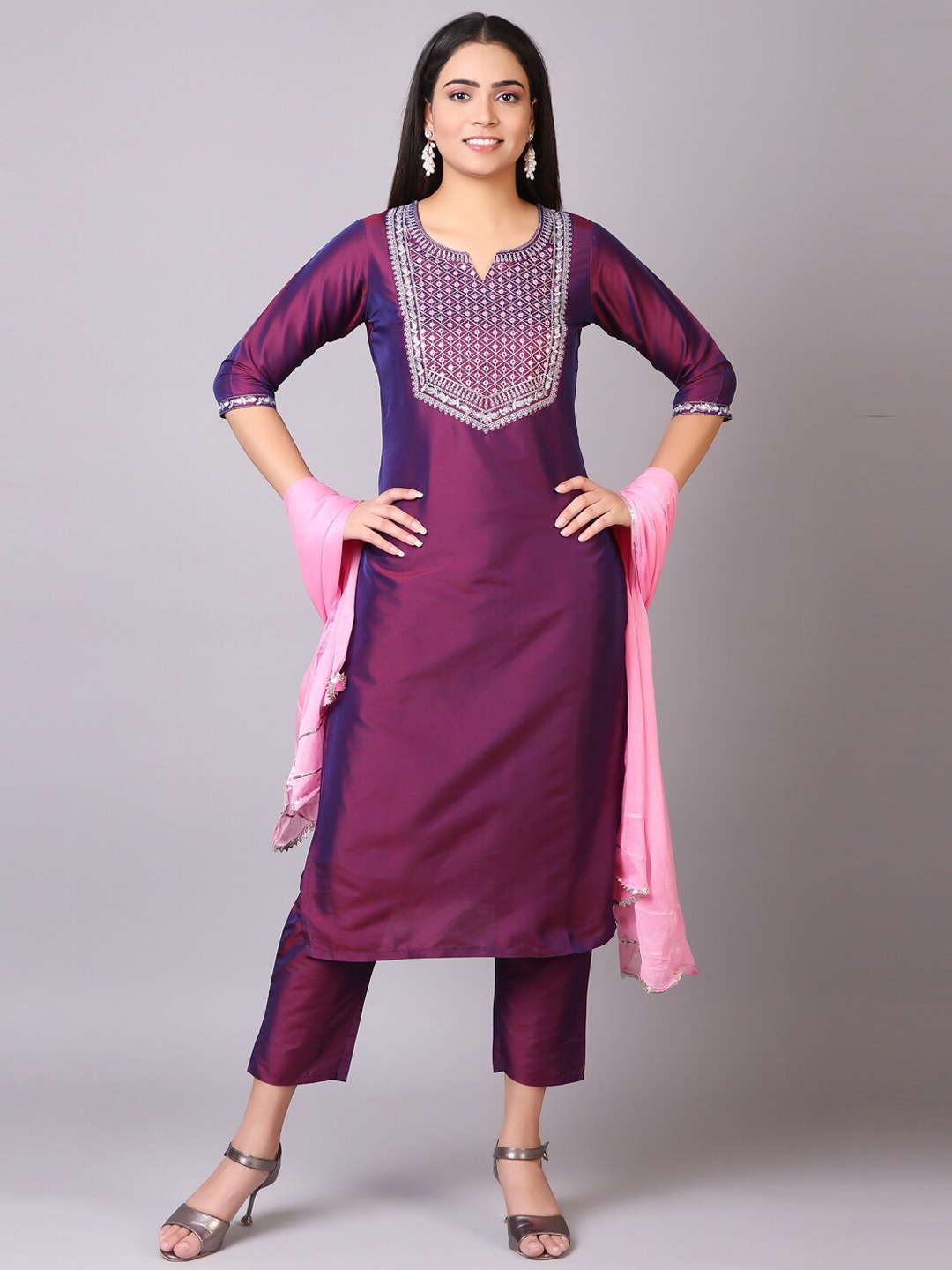 

V TRADITION Women Purple Floral Yoke Design Mirror Work Kurta with Trousers & With Dupatta