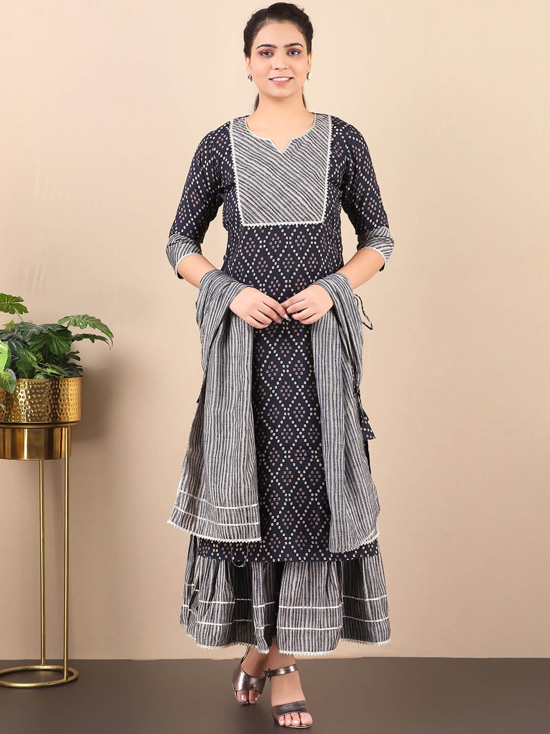 

V TRADITION Women Navy Blue Printed Kurta with Sharara & With Dupatta