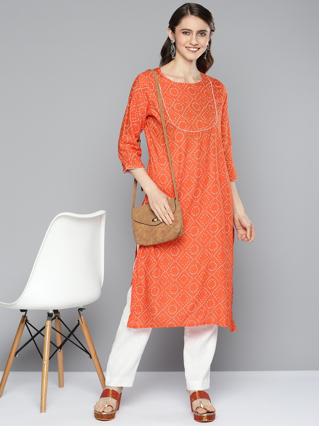 

HERE&NOW Women Orange Bandhani Printed Straight Kurta