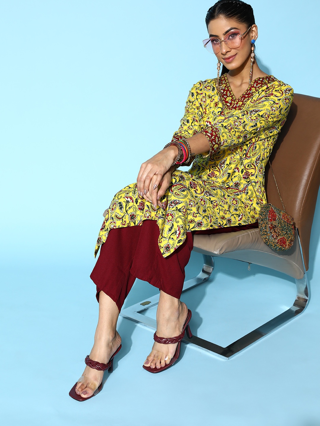 

HERE&NOW Women Yellow & Green Ethnic Motifs Printed Kurta