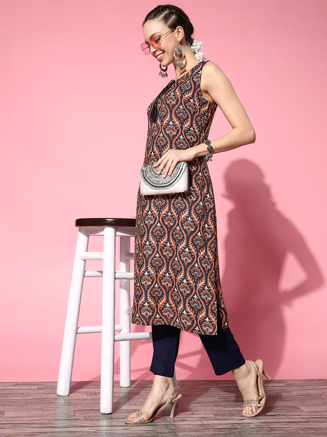 

HERE&NOW Navy Blue & Orange Ethnic Motifs Print Parade Straight Kurta
