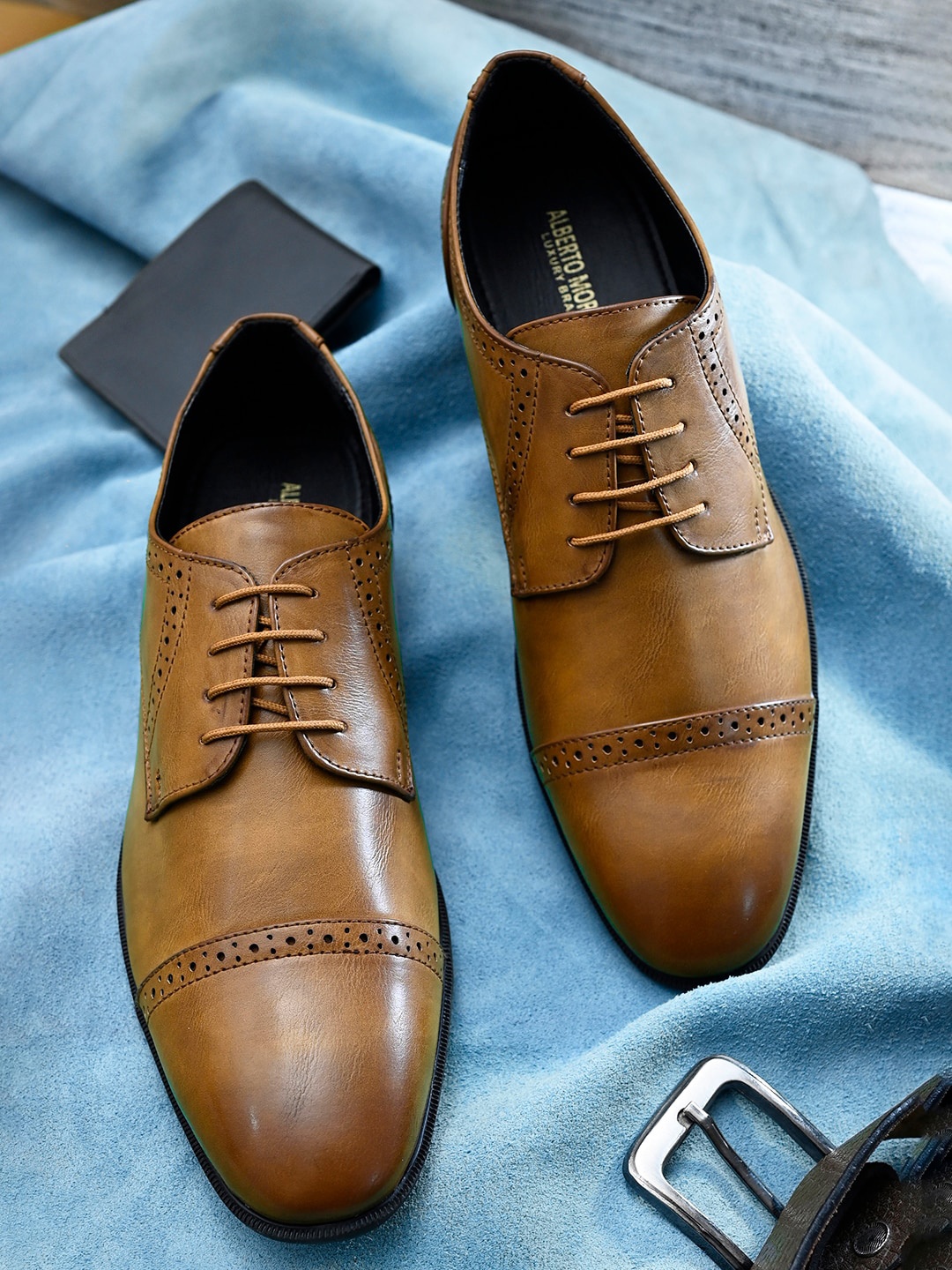 

ALBERTO MORENO Men Tan Brown Leather Oxfords