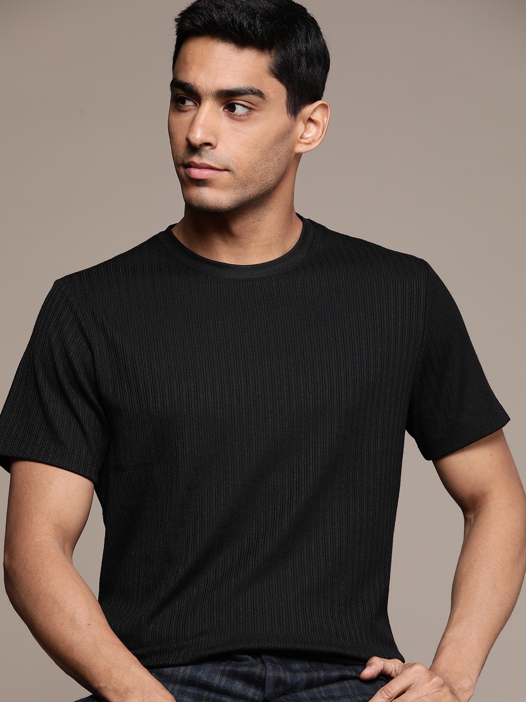 

Macy's Alfani Ribbed Round Neck Knitted T-shirt, Black