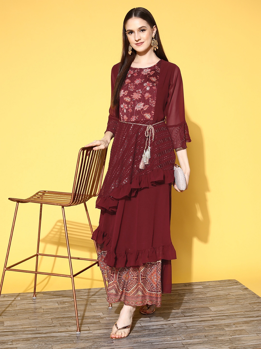 

ZOLA Women Charming Maroon Georgette Fluid Tie-Up Kurta