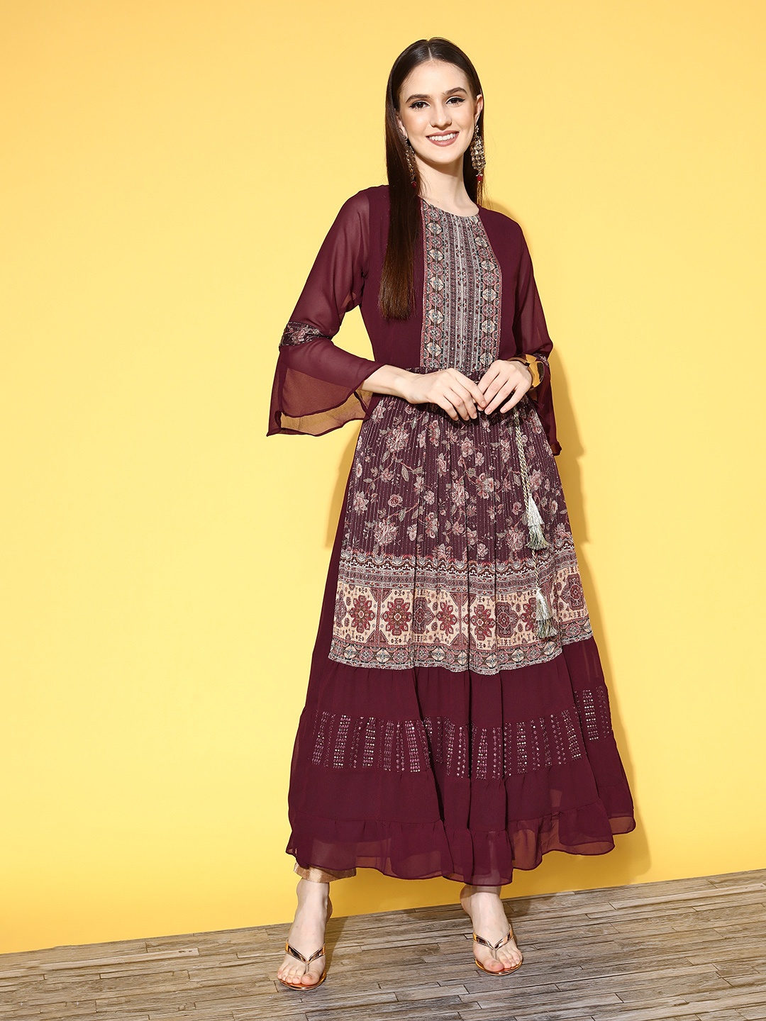 

ZOLA Women Burgundy Georgette Fluid Tie-Up Kurta