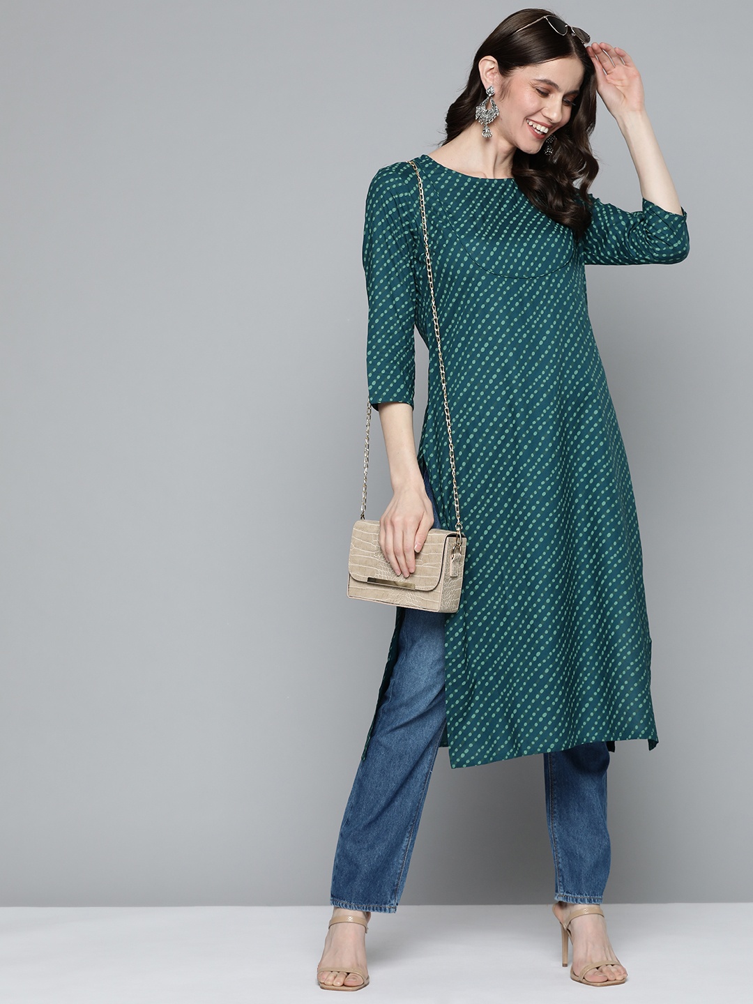 

HERE&NOW Women Green Ethnic Motifs Printed Straight Kurta