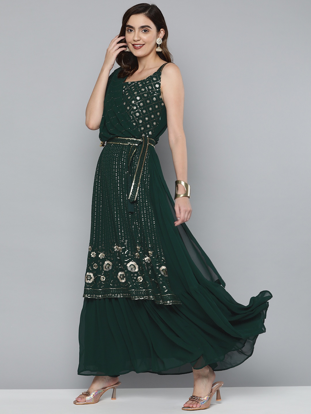 

Kvsfab Green Floral Embroidered Sequinned Georgette Maxi Dress