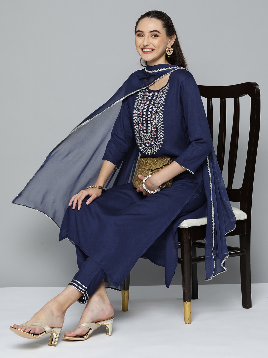 

HERE&NOW Women Embroidered Ethnic Yoke Design Kurta with Trousers & With Dupatta, Navy blue