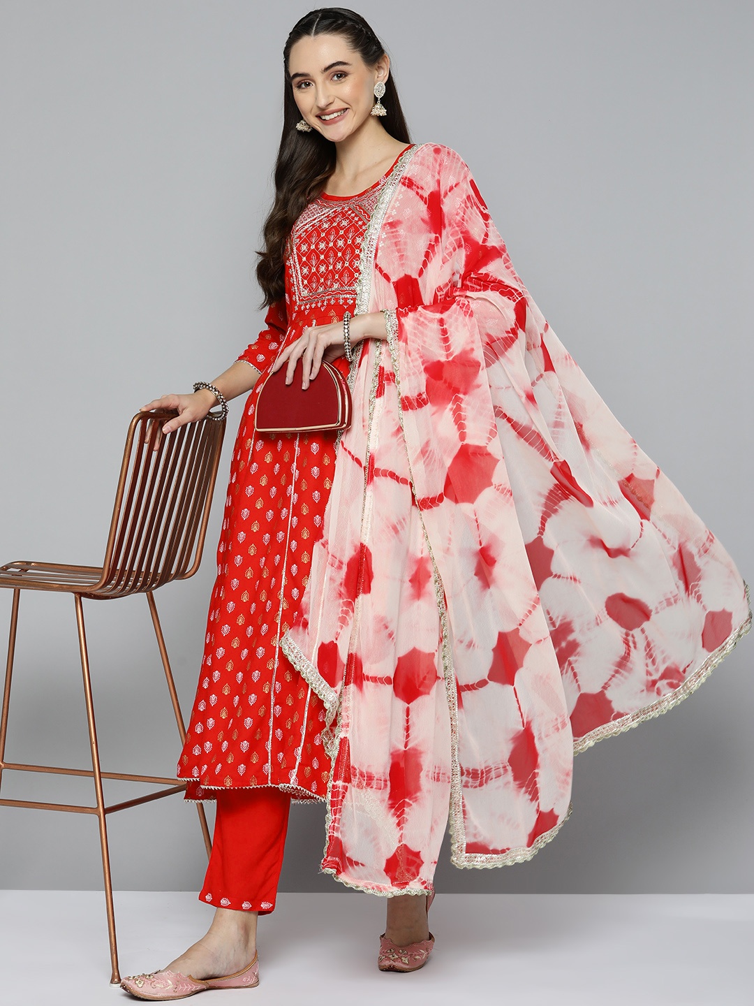 

HERE&NOW Women Embroidered Printed Thread Work Kurta with Trousers & With Dupatta, Red