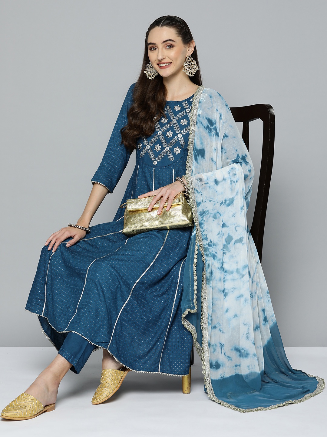 

HERE&NOW Women Embroidered Ethnic Printed Kurta with Trousers & Dupatta, Teal