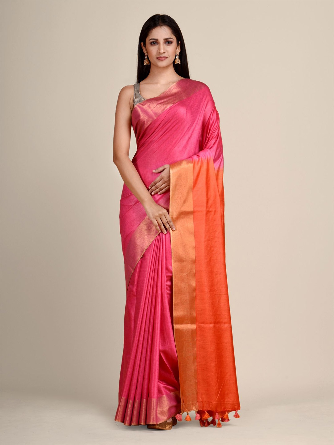 

Arhi Pink & Gold-Toned Cotton Blend Zari Saree