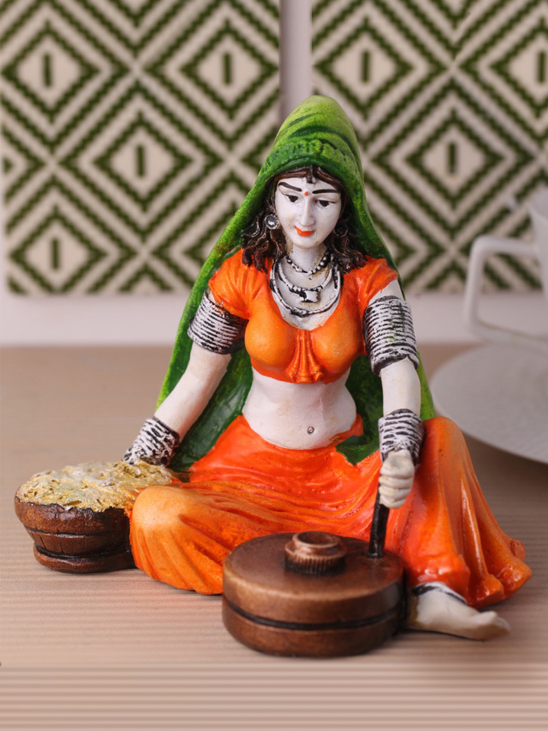 

eCraftIndia Orange & Green Handcrafted Polyresin Rajasthani Lady Showpiece