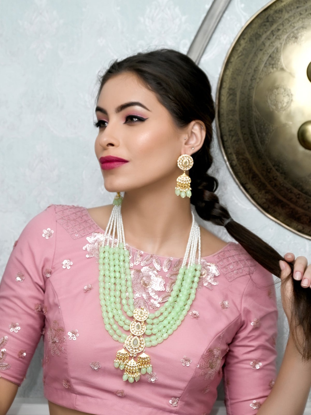 

ODETTE Gold-Plated Sea Green Stone-Studded & Beaded Jewellery Set