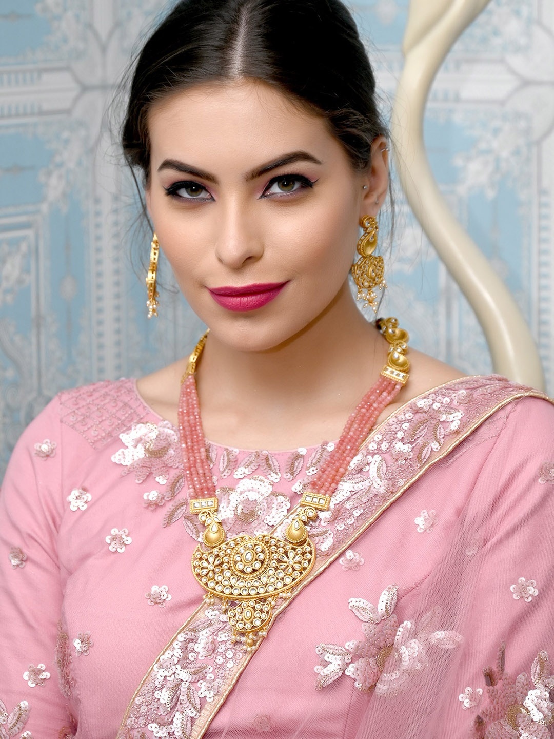 

ODETTE Women Gold-Plated & Pink Stone & bead Studded Jewellery Set