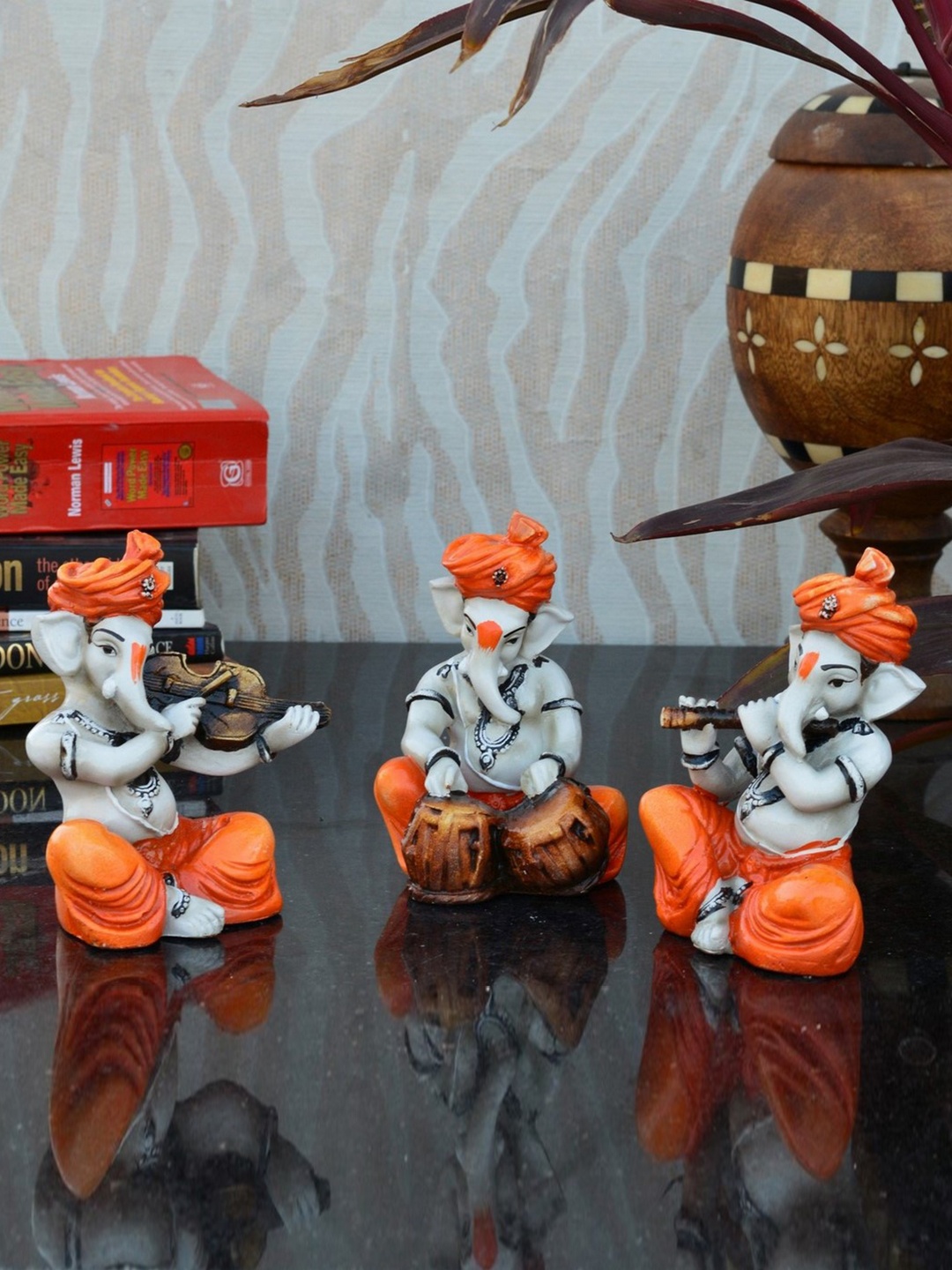 

eCraftIndia Set of 3 Orange Handcrafted Polyresin Lord Ganesha-Shaped Showpieces