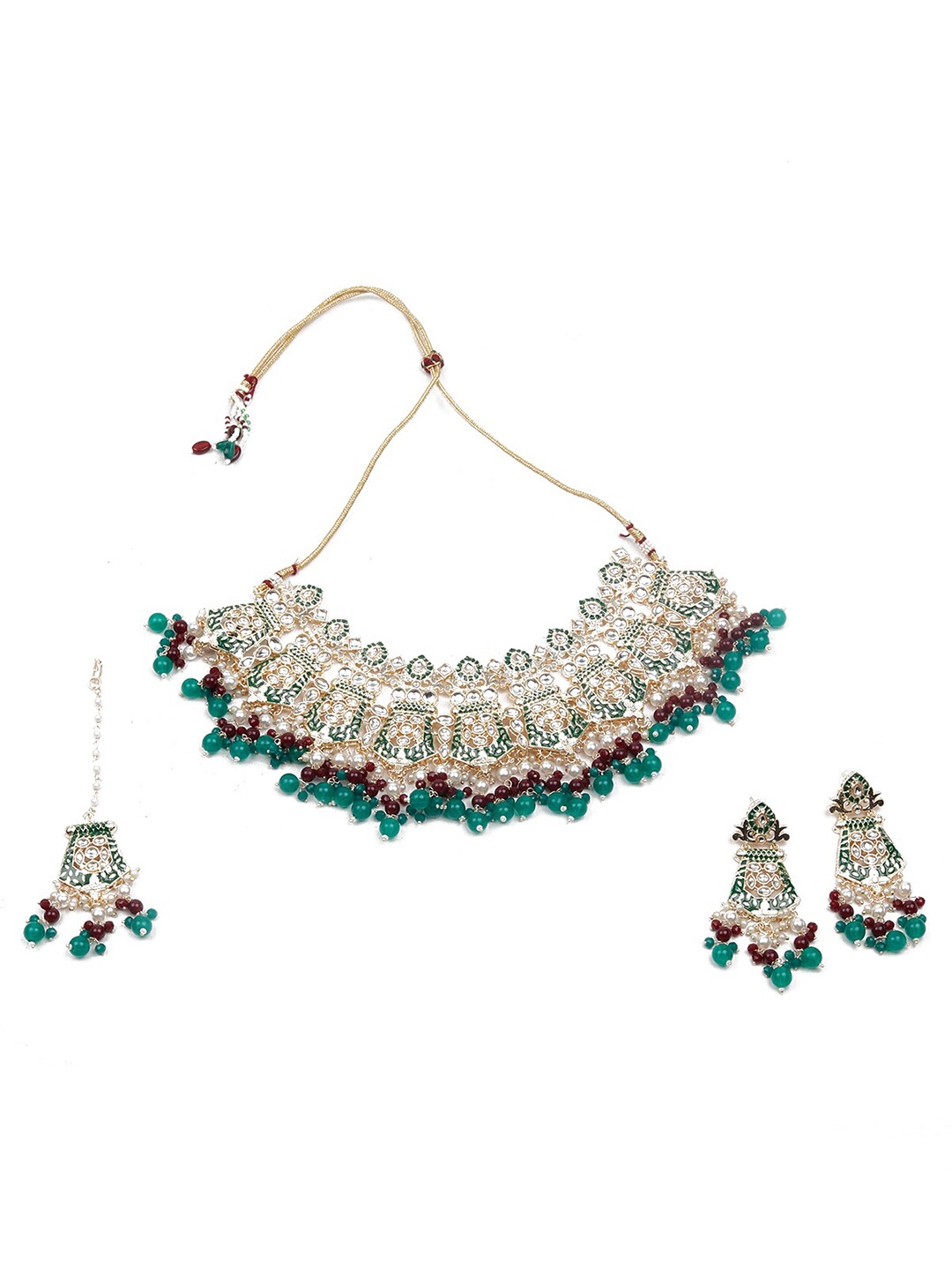 

ODETTE Women Silver-Plated Green Stone Studded Jewellery Set