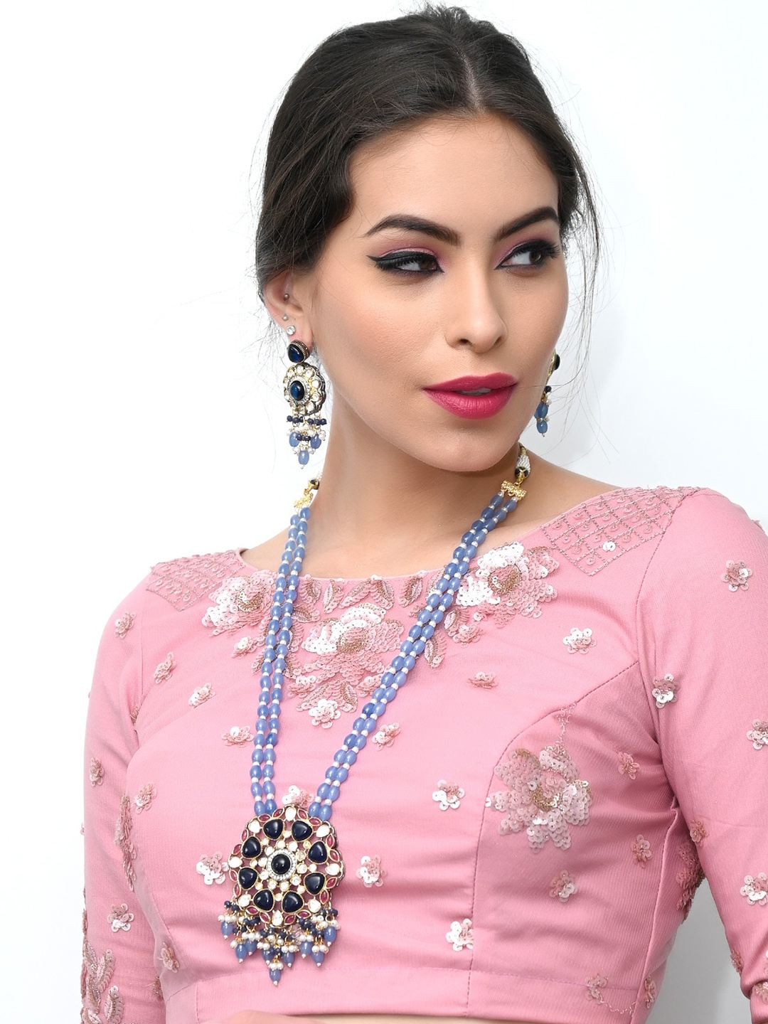

ODETTE Gold-Plated White & Blue Stone-Studded & Pearl Beaded Jewellery Set
