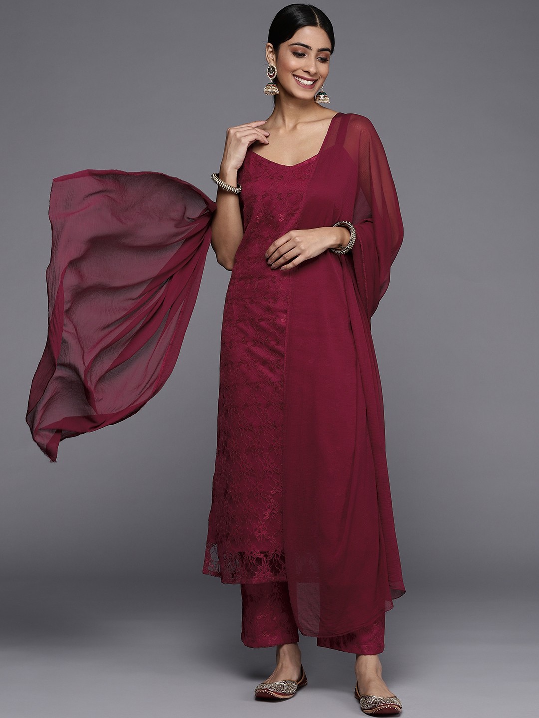 

Varanga Women Magenta Floral Kurta with Trousers & Dupatta