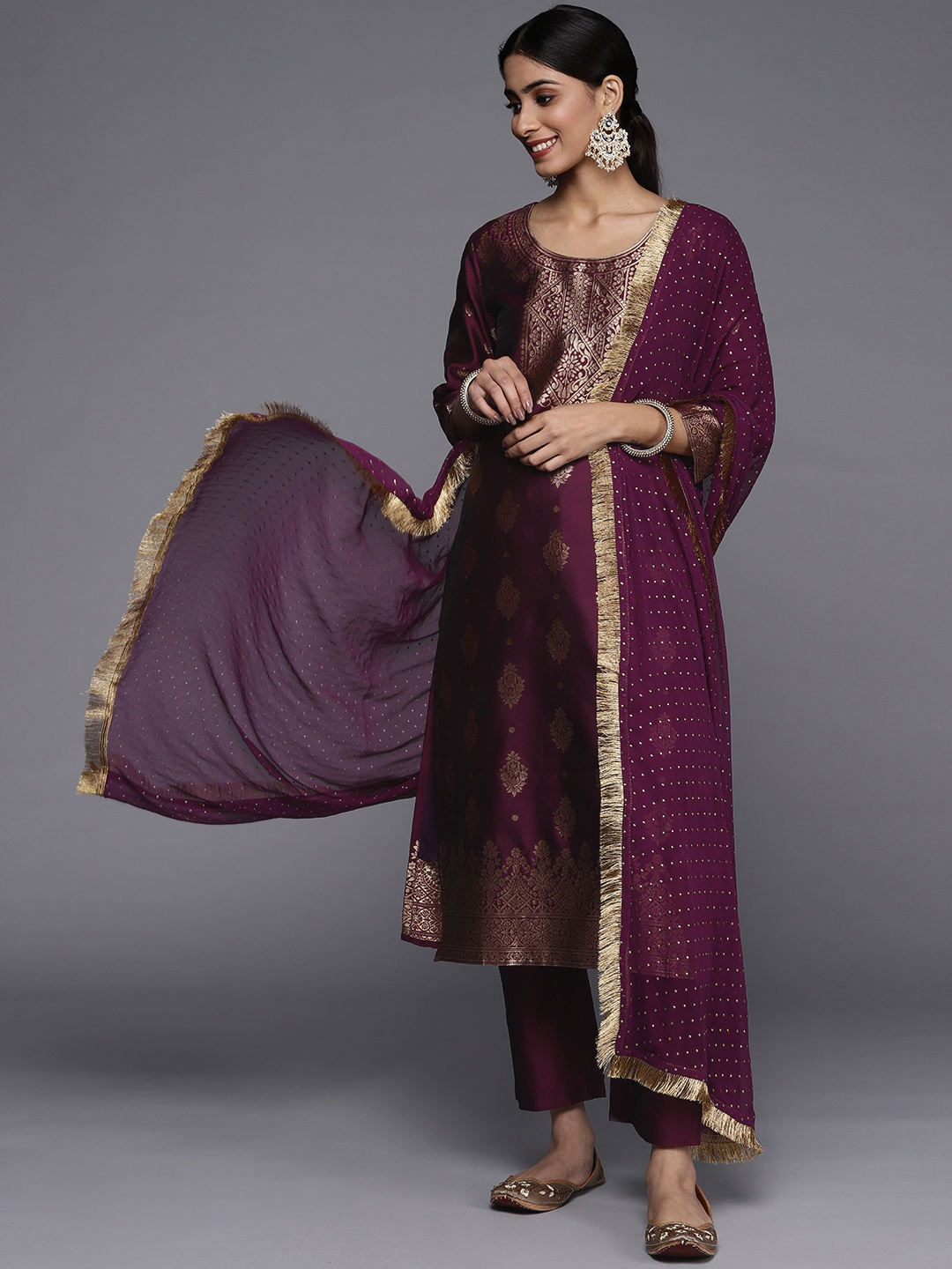 

Varanga Women Purple Ethnic Motifs Woven Design Kurta with Trousers & Dupatta