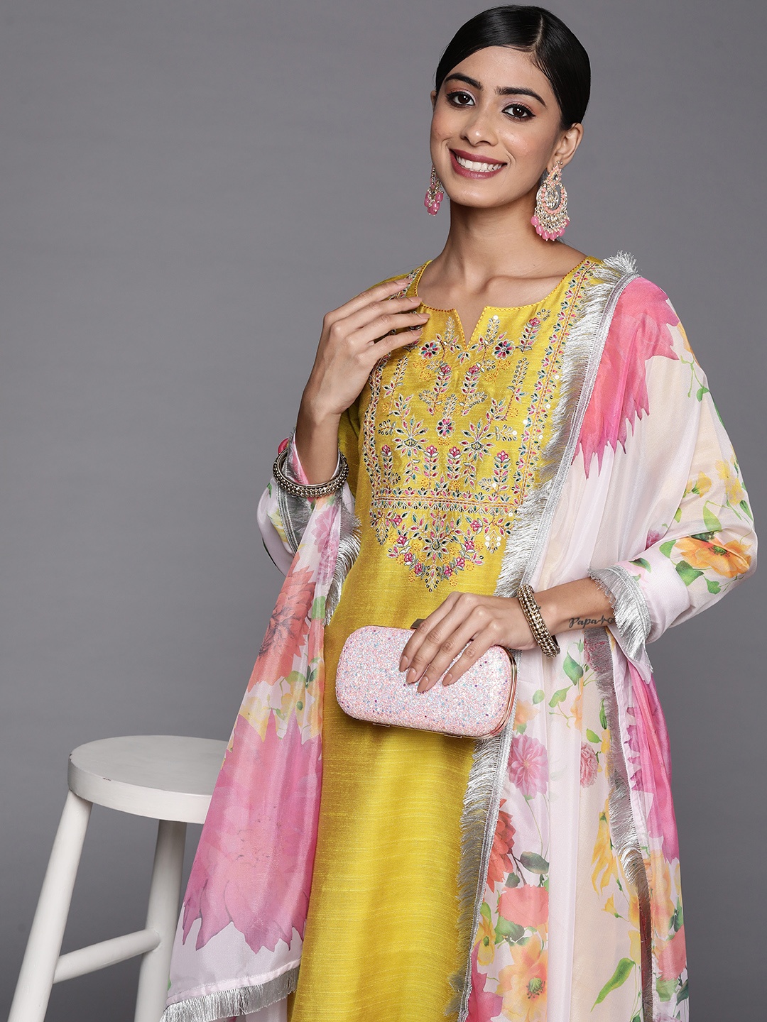 

Varanga Women Yellow Ethnic Motifs Embroidered Thread Work Kurta with Trousers & With Dupatta