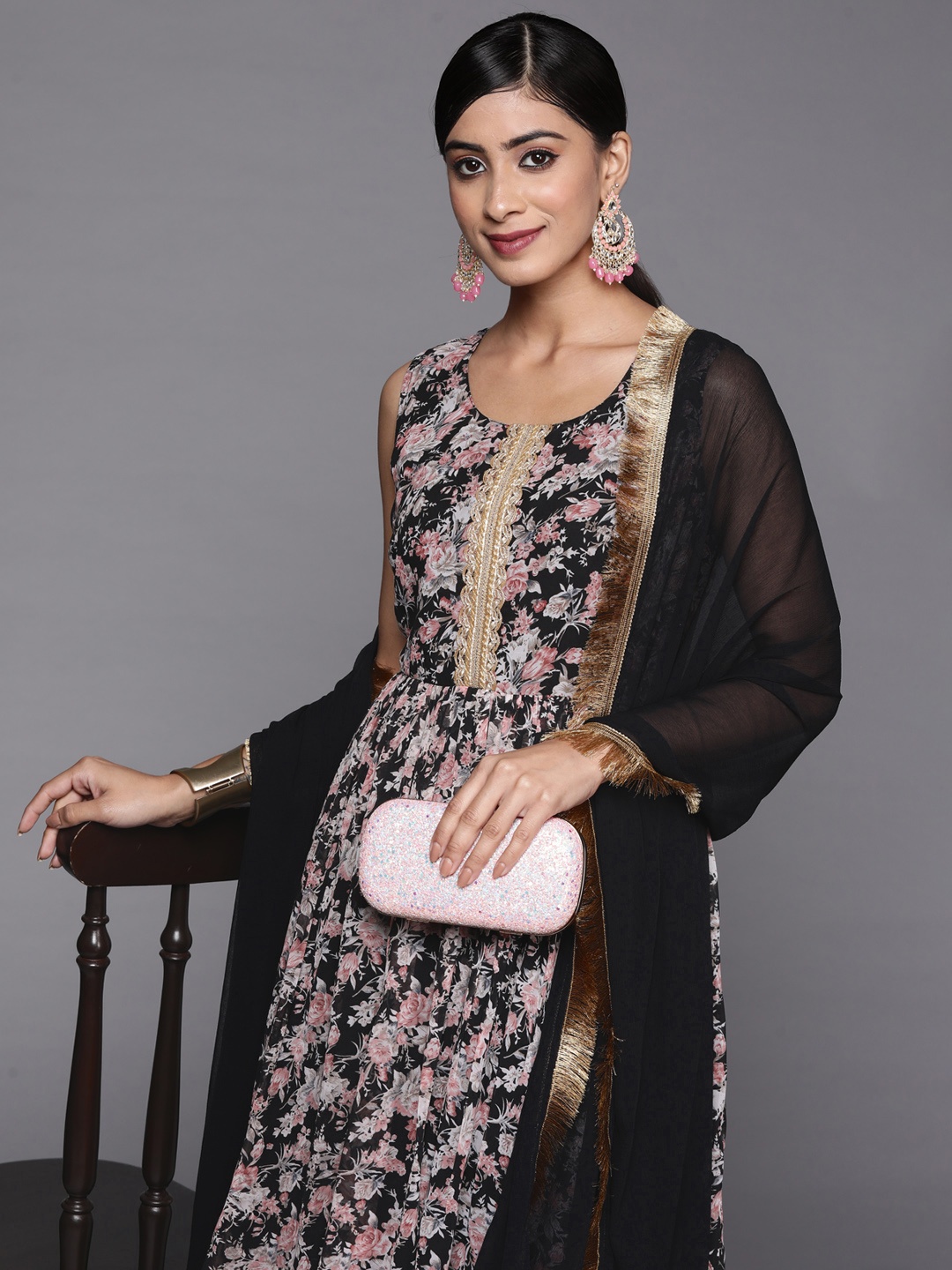 

Varanga Women Black Floral Printed Empire Kurta with Sharara & With Dupatta