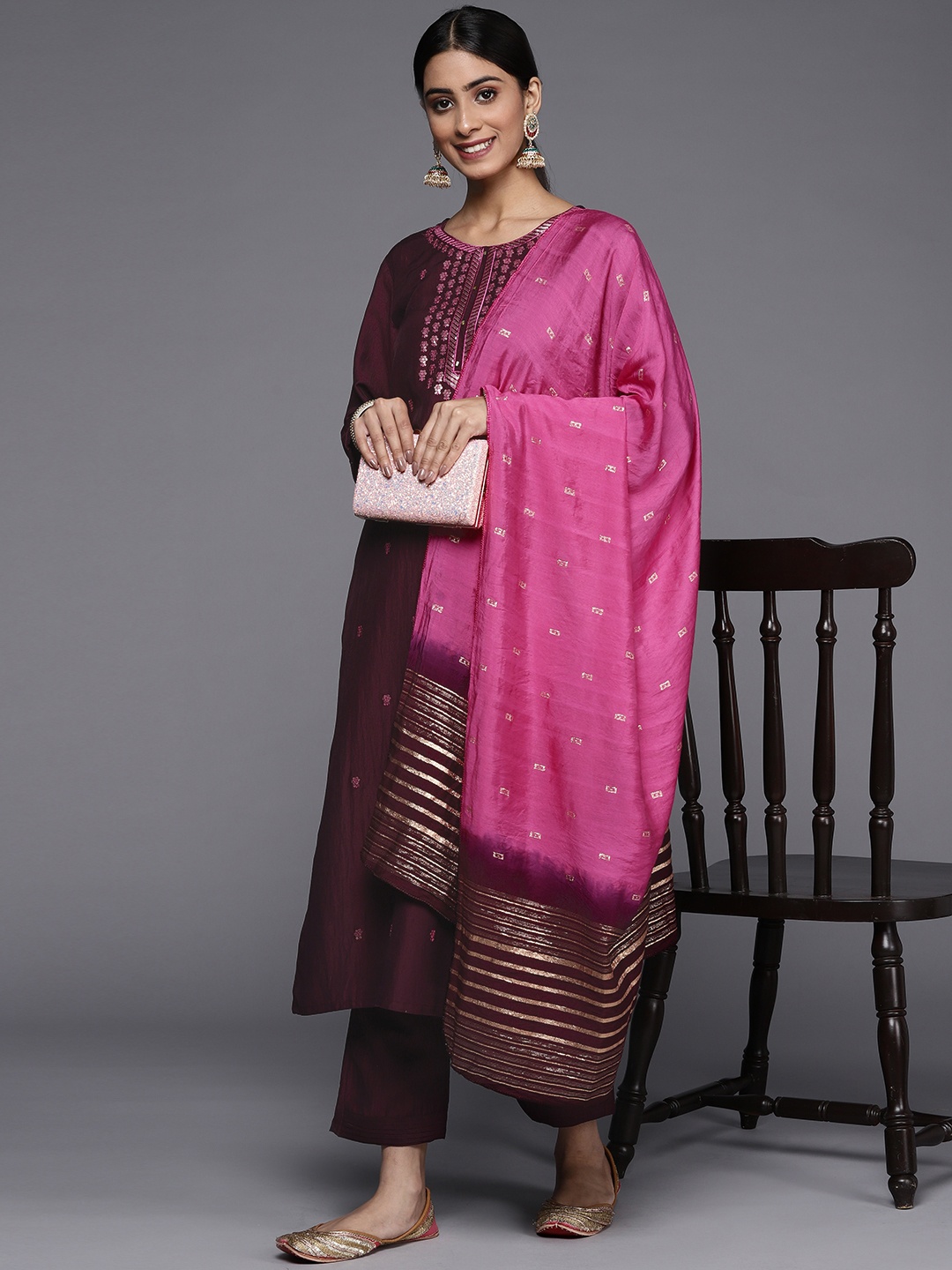 

Varanga Women Burgundy Floral Embroidered Sequinned Kurta with Trousers & Dupatta