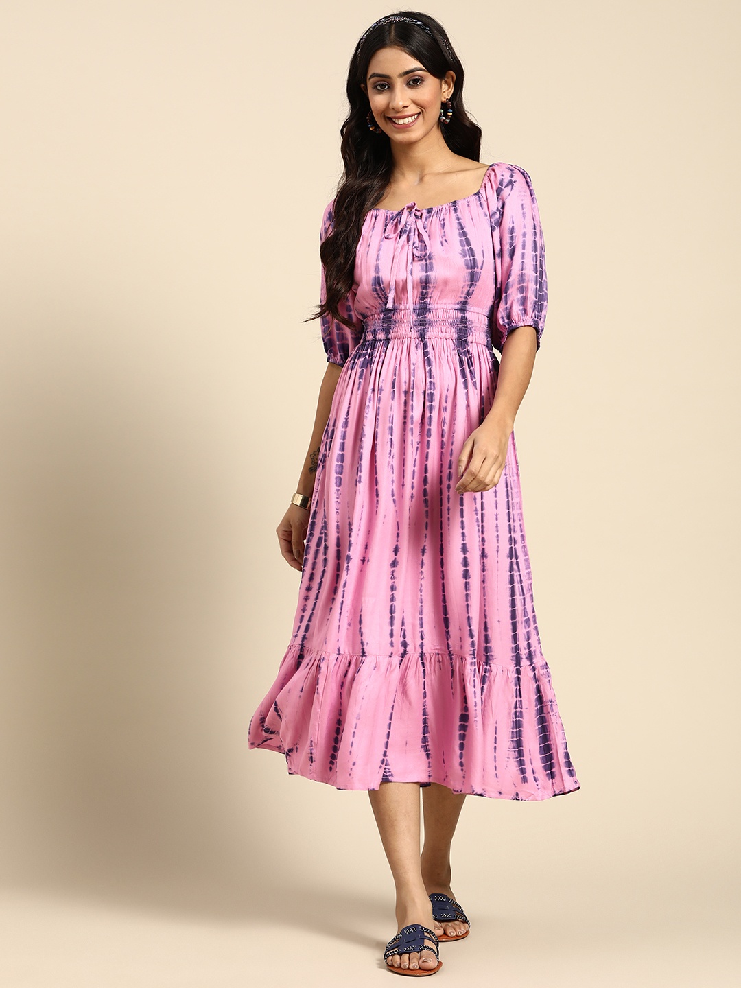 

Sangria Pink & Purple Tie-Up Neck A-Line Midi Dress