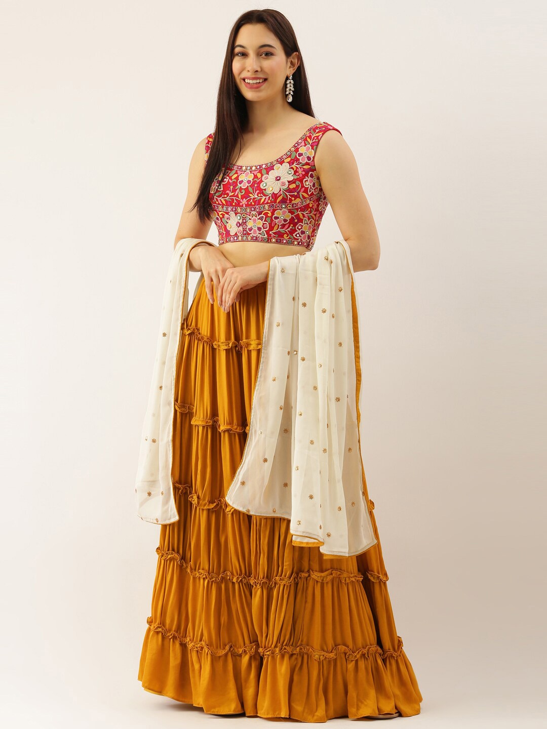 

panchhi Red & Mustard Embroidered Mirror Work Semi-Stitched Lehenga & Unstitched Blouse With Dupatta