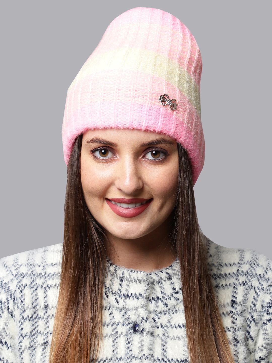

ELLIS Women Pink & Yellow Wool Beanie