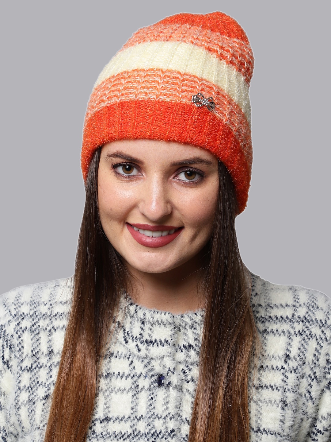 

ELLIS Women Orange Woven Design Wool Cap