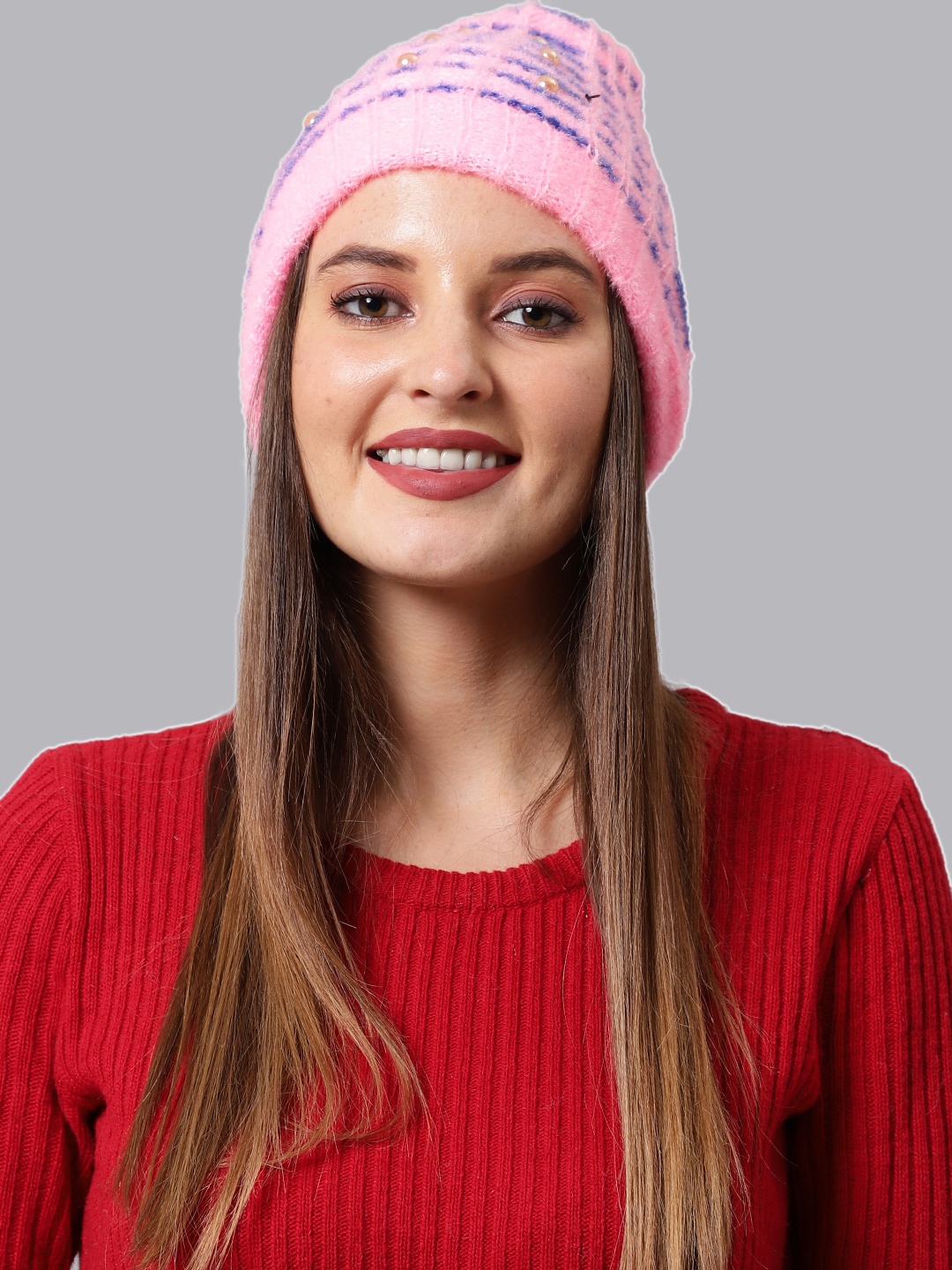 

ELLIS Women Pink & Navy Blue Self Design Beanie