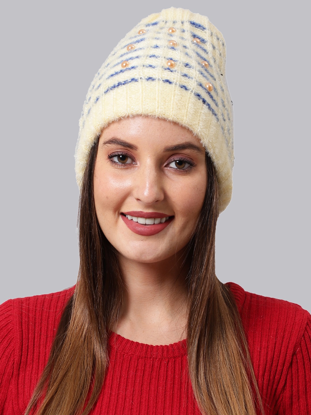 

ELLIS Women Cream-Coloured & Blue Self Design Beanie