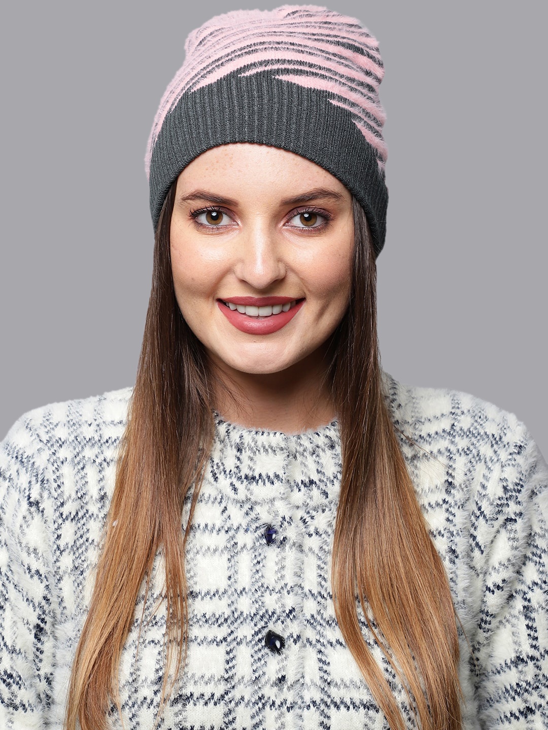 

ELLIS Women Pink & Charcoal Striped Wool Beanie