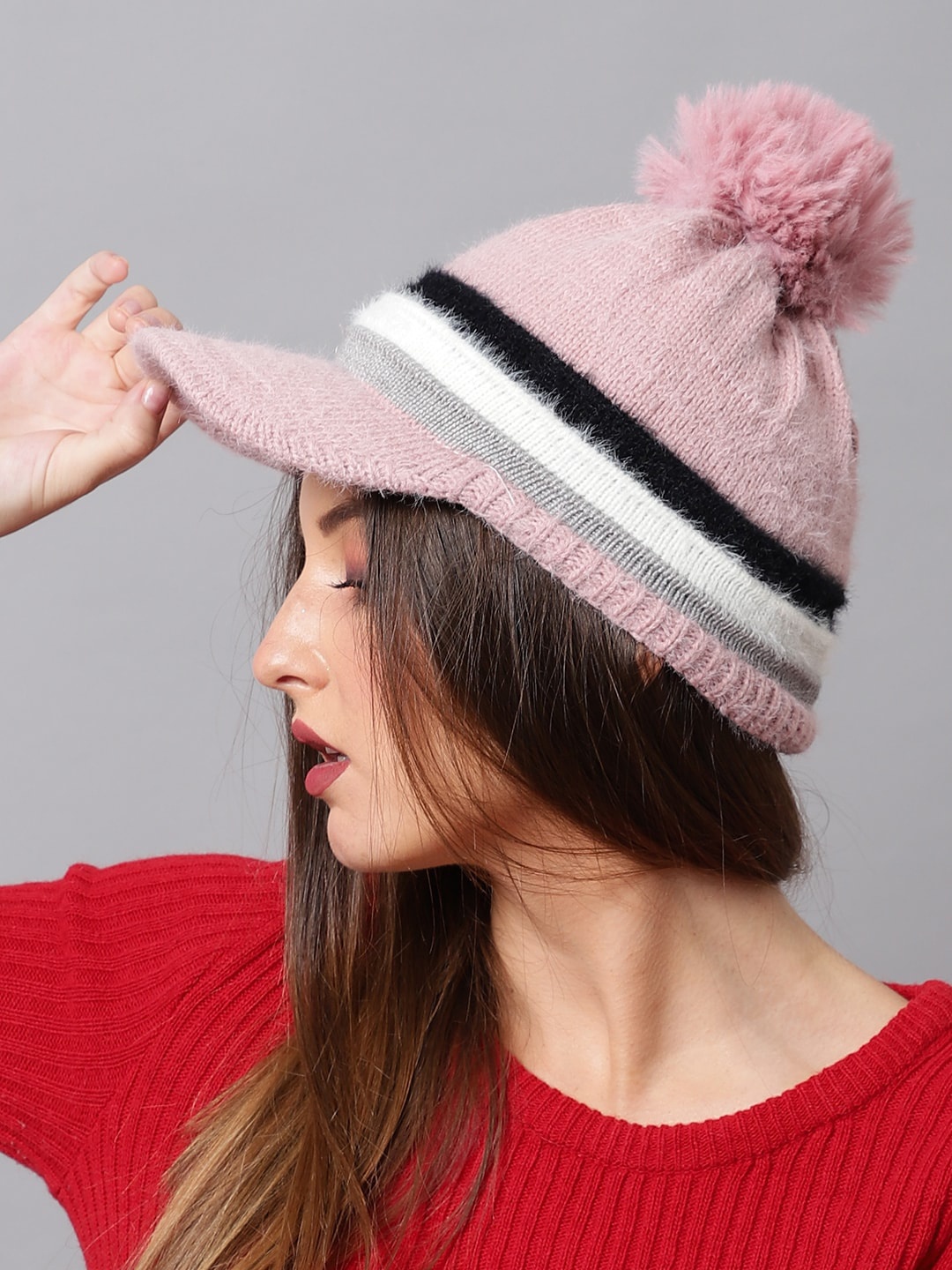 

ELLIS Women Pink & White Beanie