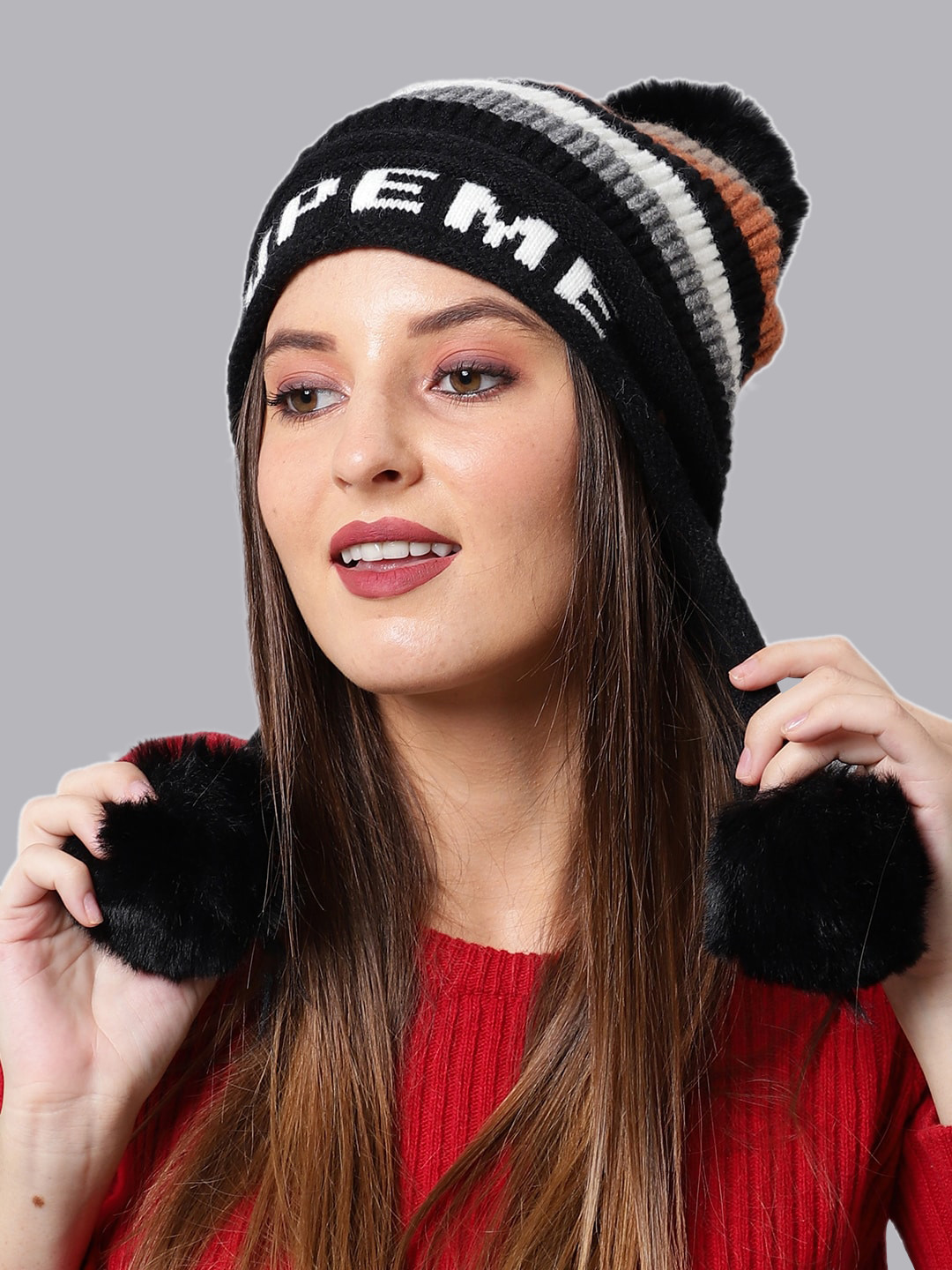 

ELLIS Women Black & White Self Design Beanie