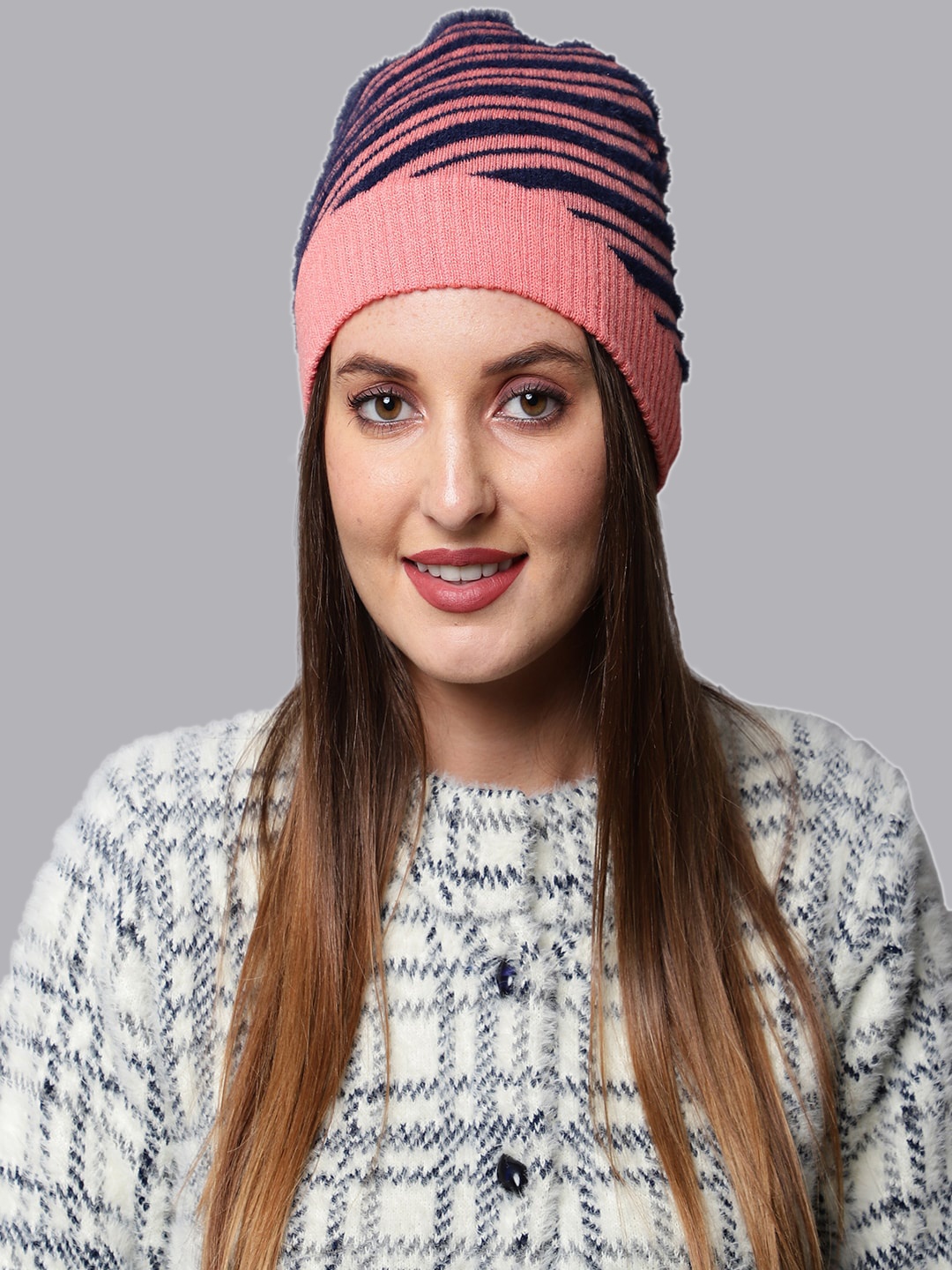 

ELLIS Women Pink & Navy Blue Wool Beanie Cap