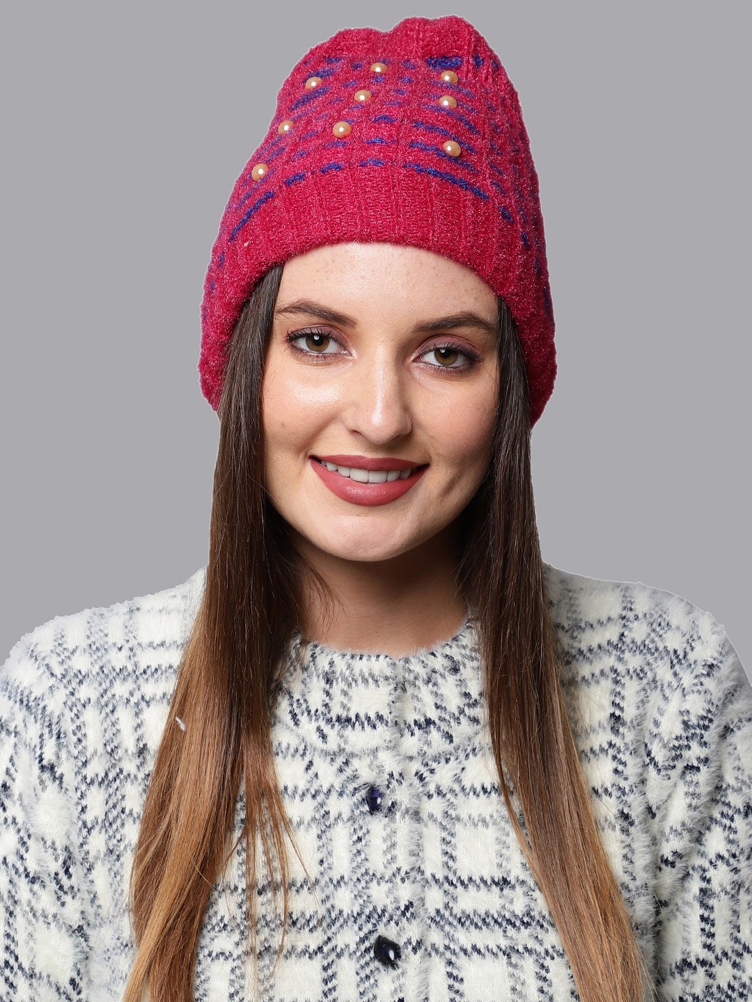 

ELLIS Women Red & Blue Self Design Beanie