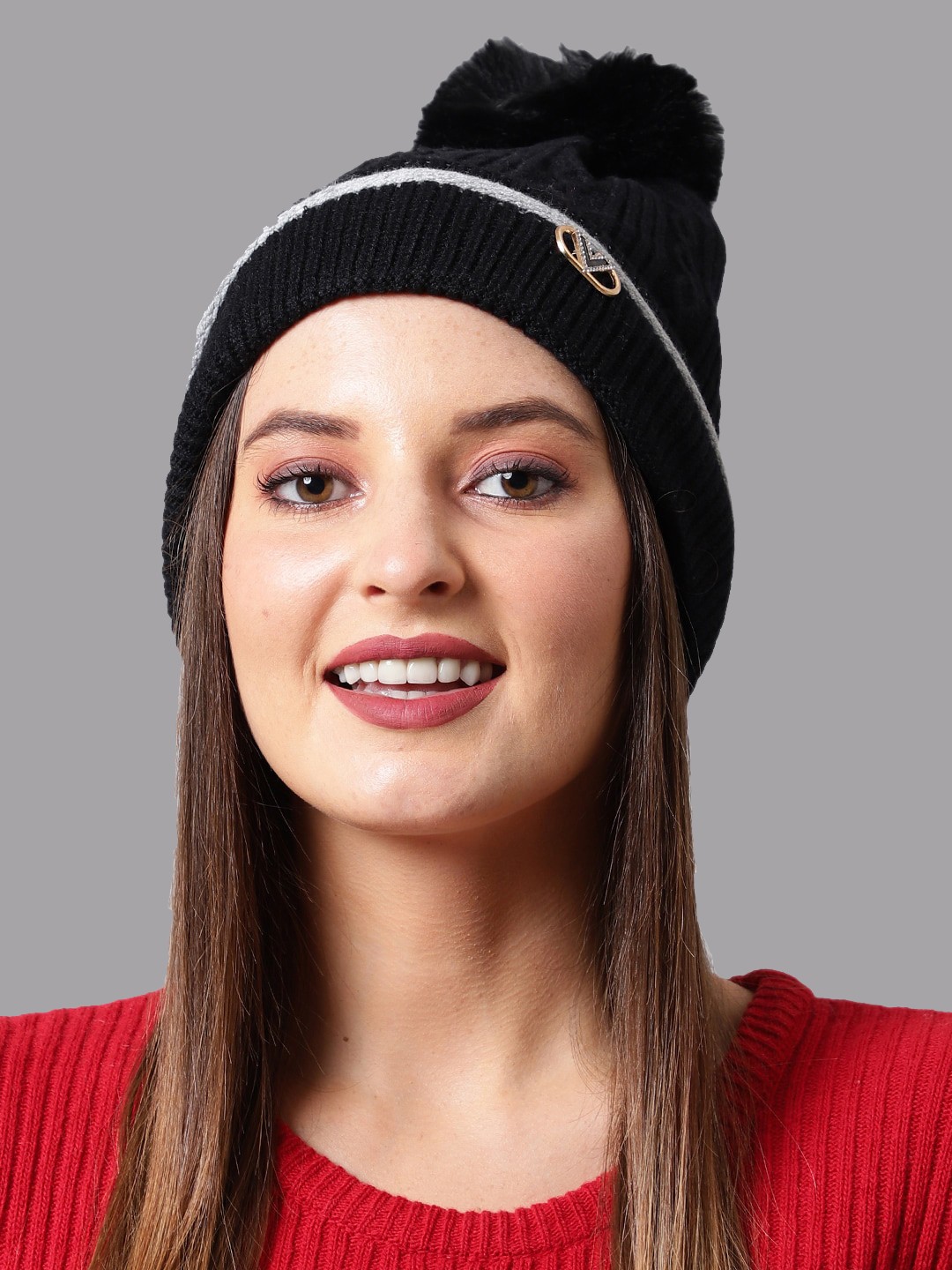 

ELLIS Women Black & White Self Design Beanie