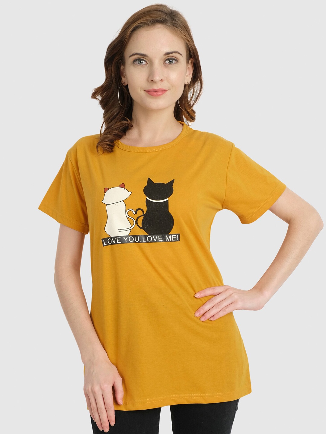 

CHOZI Women Mustard Yellow Printed Bio Finish T-shirt