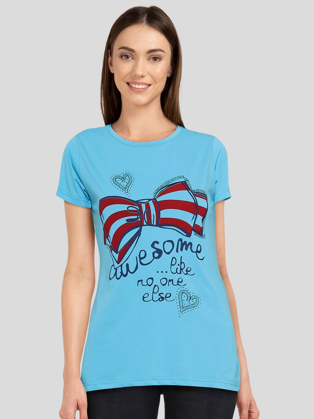 CHOZI Women Turquoise Blue Printed Bio Finish T-shirt
