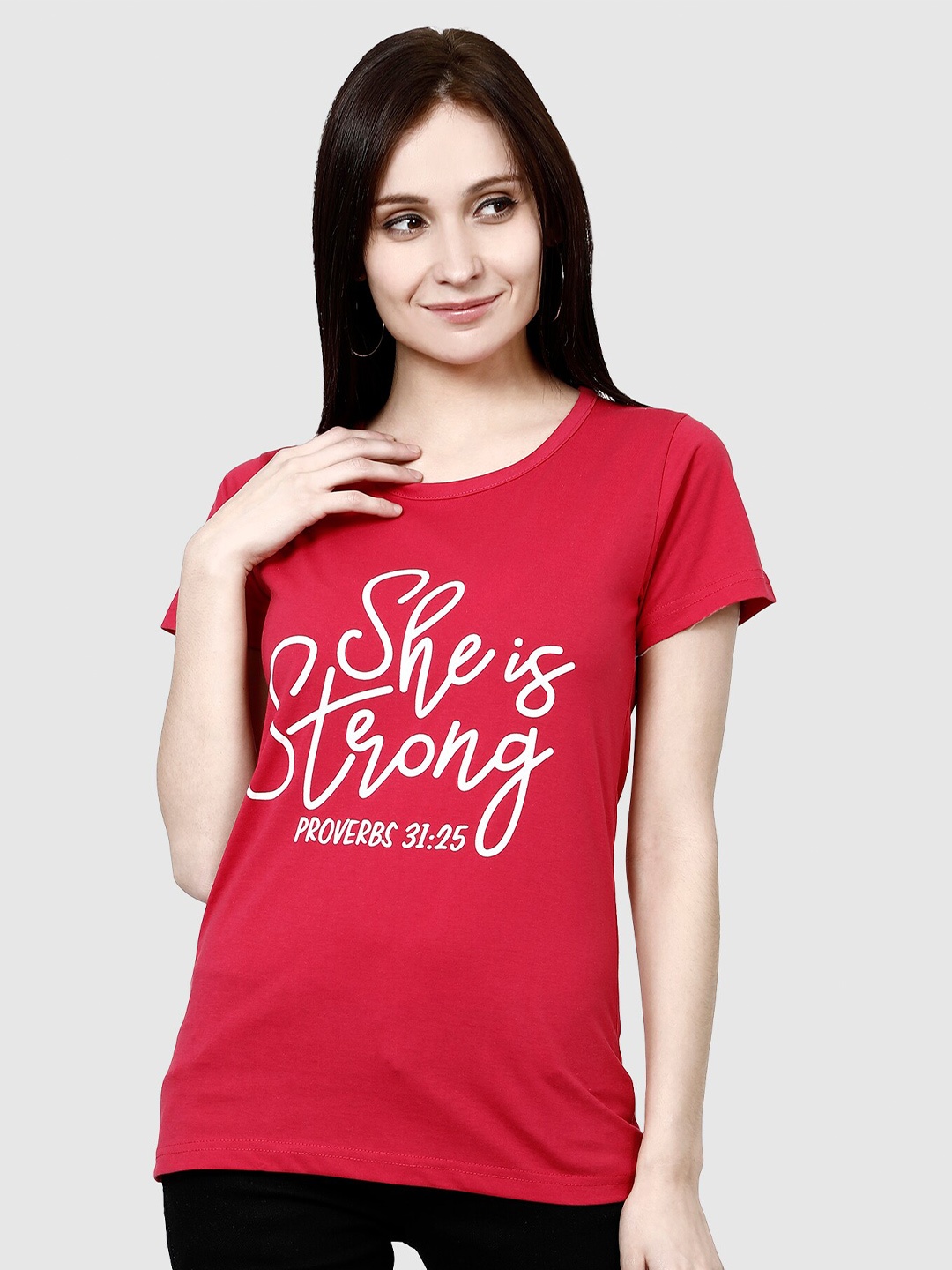 

CHOZI Women Red Typography Printed Bio Finish T-shirt