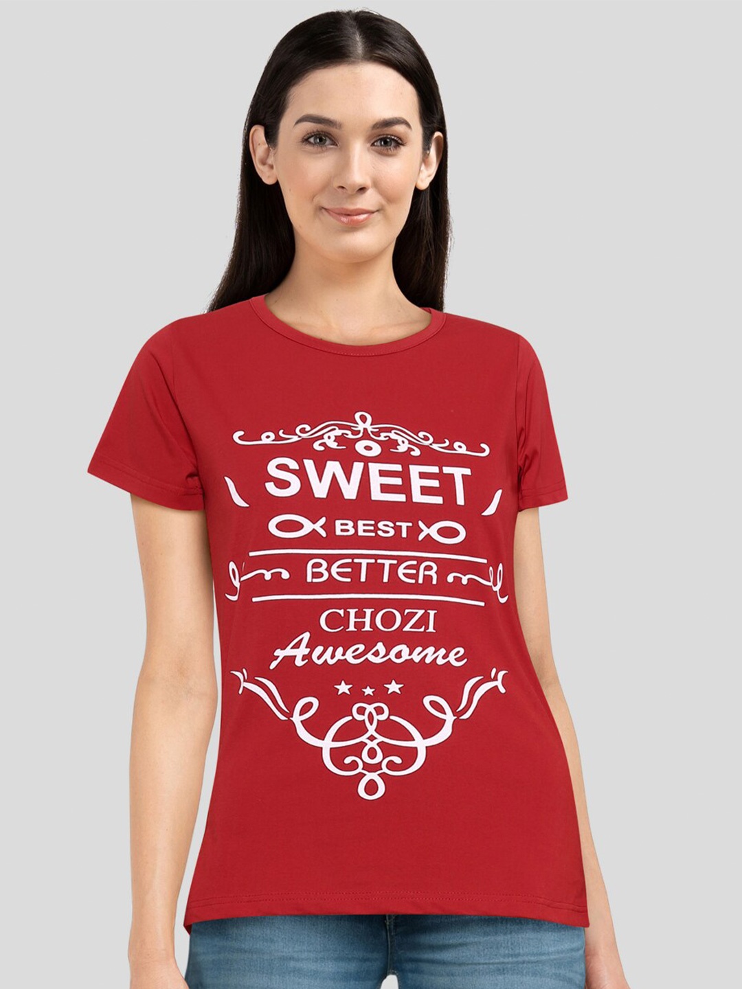 

CHOZI Women Red Typography Printed Bio Finish T-shirt