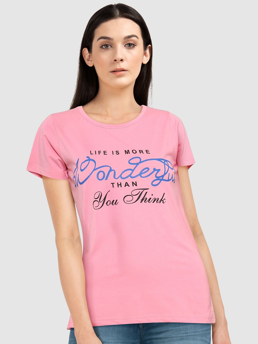 CHOZI Women Pink Typography Printed Bio Finish T-shirt