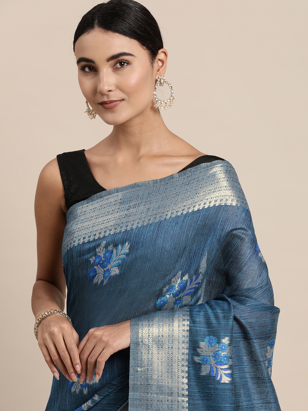 

VISHNU WEAVES Blue Ethnic Motifs Zari Handloom Cotton Saree