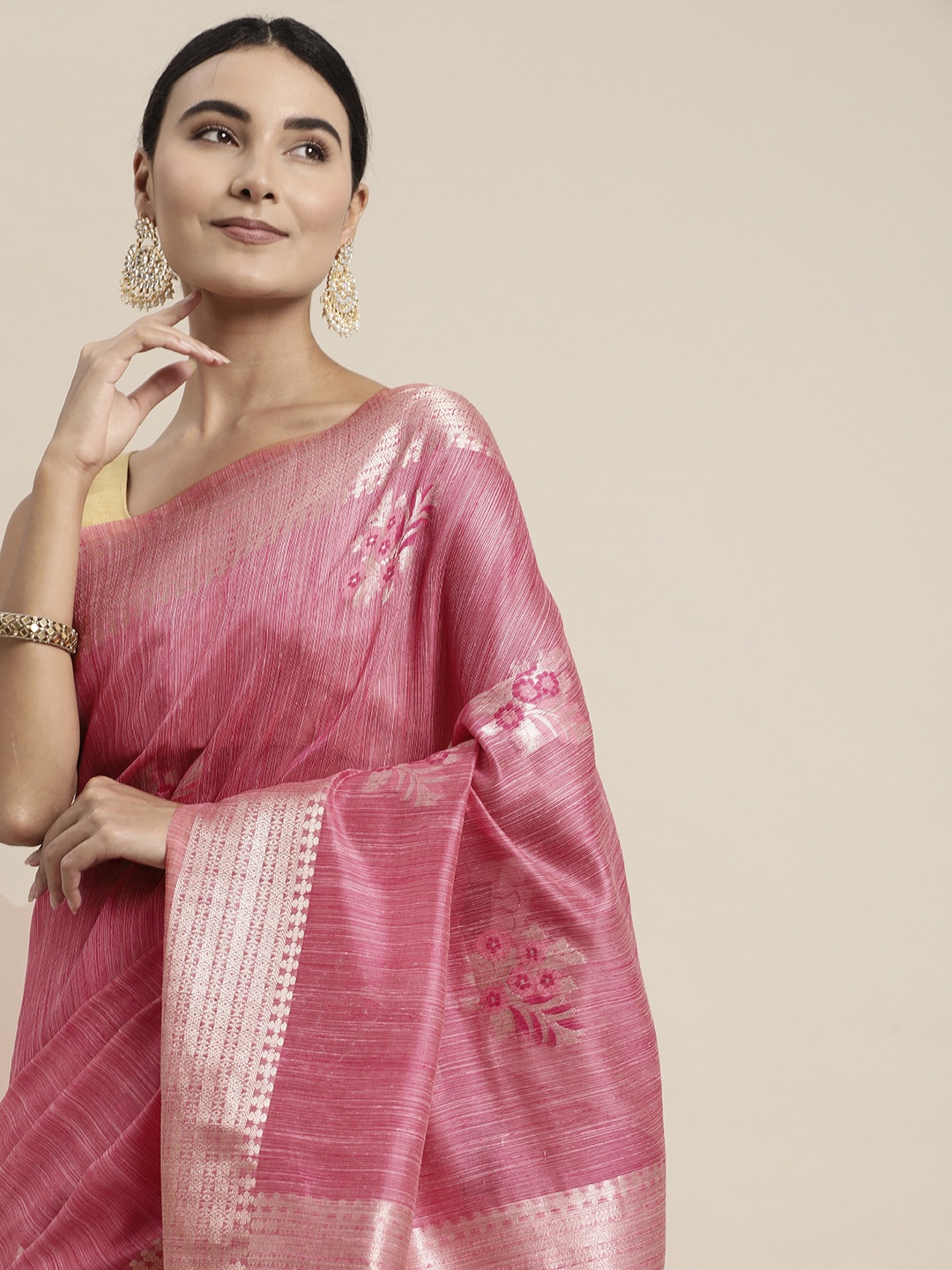 

VISHNU WEAVES Pink Woven Design Zari Jute Cotton Banarasi Saree with Blouse Piece