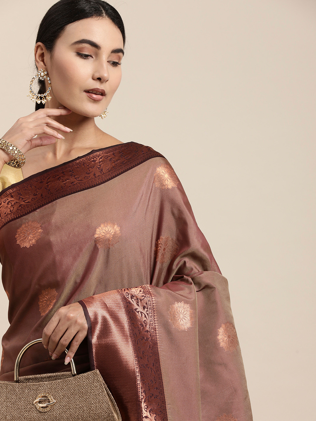 

VISHNU WEAVES Coffee Brown & Copper Ethnic Motifs Zari Banarasi Saree