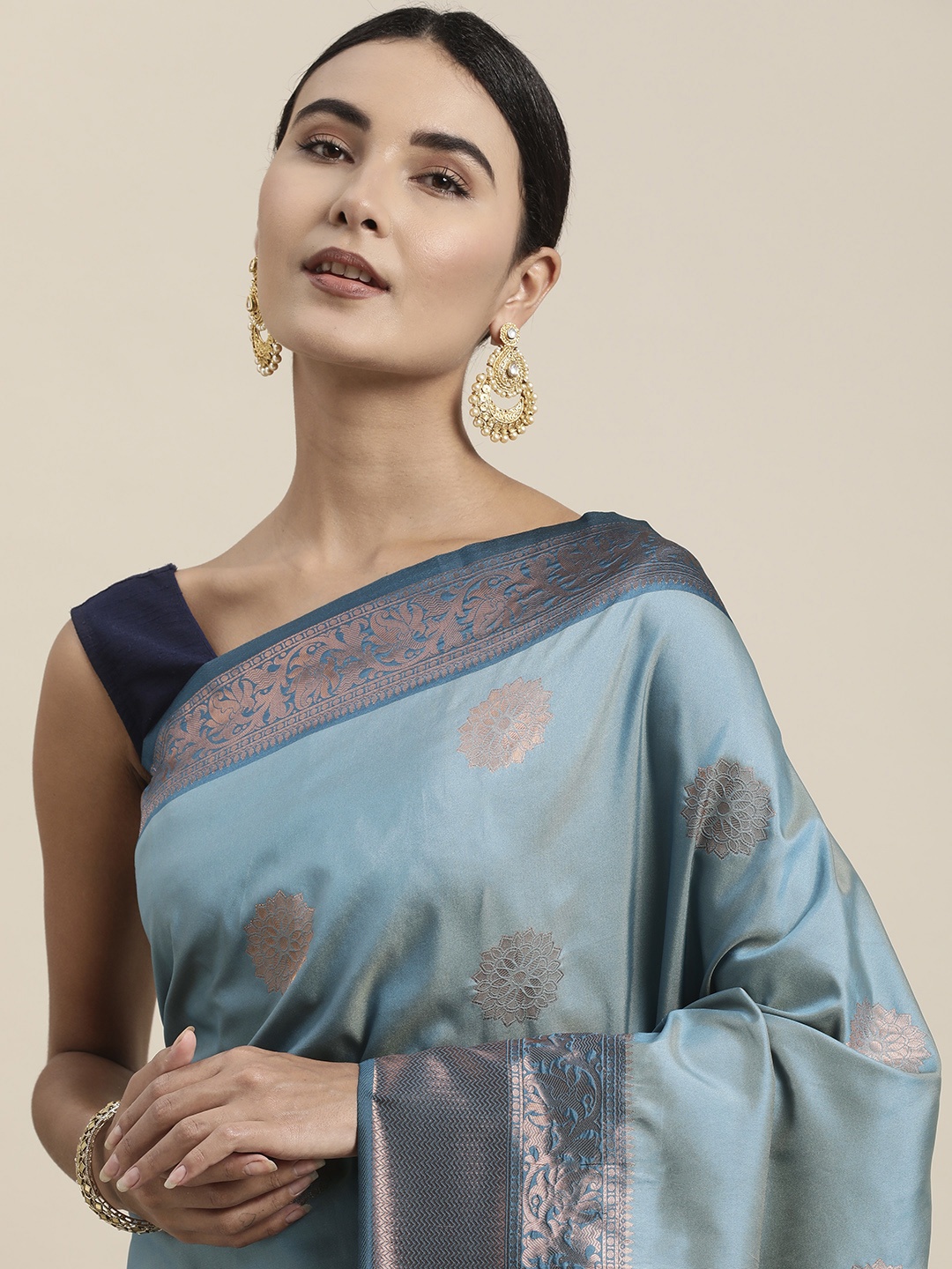

VISHNU WEAVES Blue & Rose Ethnic Motifs Zari Silk Blend Banarasi Saree
