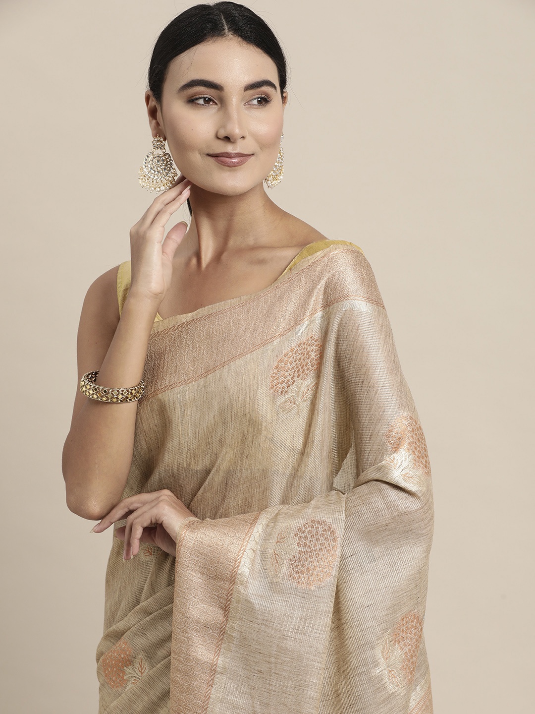 

VISHNU WEAVES Beige Woven Design Zari Tissue Linen Mysore Silk Saree with Blouse Piece