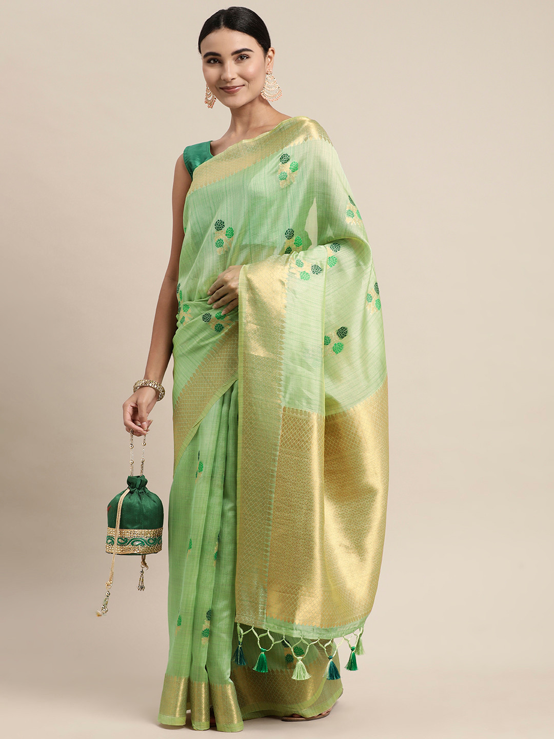 

VISHNU WEAVES Green & Golden Ethnic Motifs Zari Organza Banarasi Saree