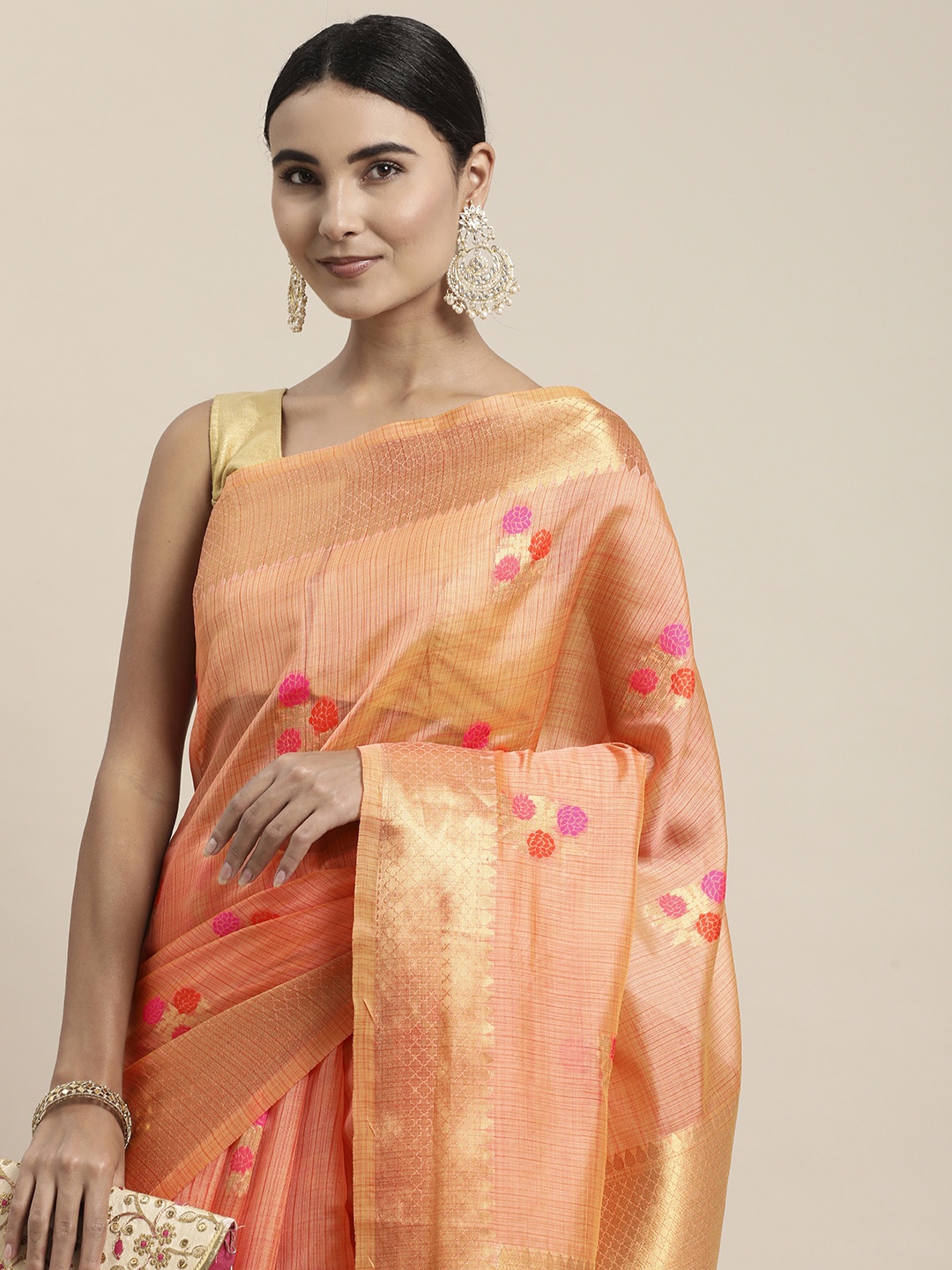 

VISHNU WEAVES Orange Ethnic Motifs Zari Organza Banarasi Saree with Blouse Piece